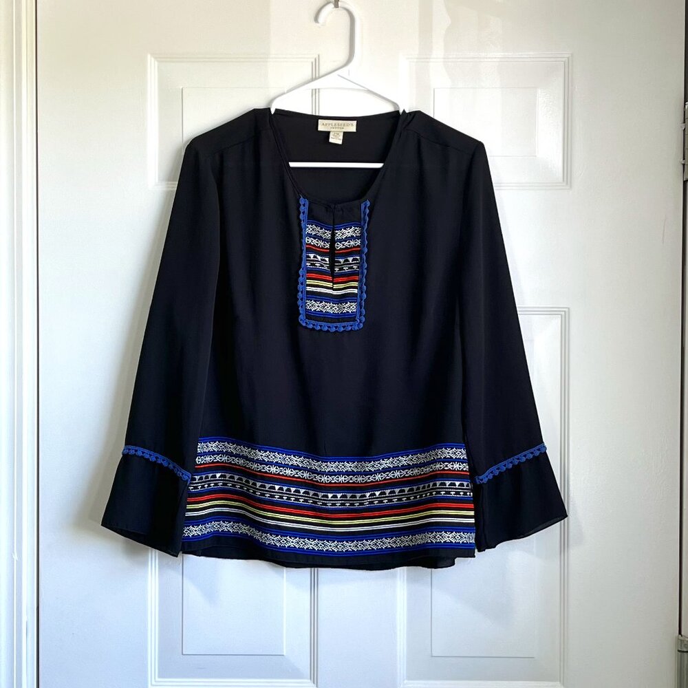 Appleseed's Bohemian Style Chiffon Top with Flounce Sleeve and Embroidery Size M